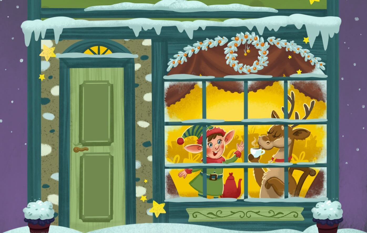 Christmas Illustration Elf & Reindeer at Home by Tina Freshcolor