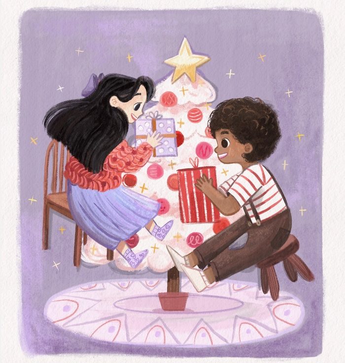 Christmas Illustration Kids with Gifts by Julia Sarapata de Carvalho