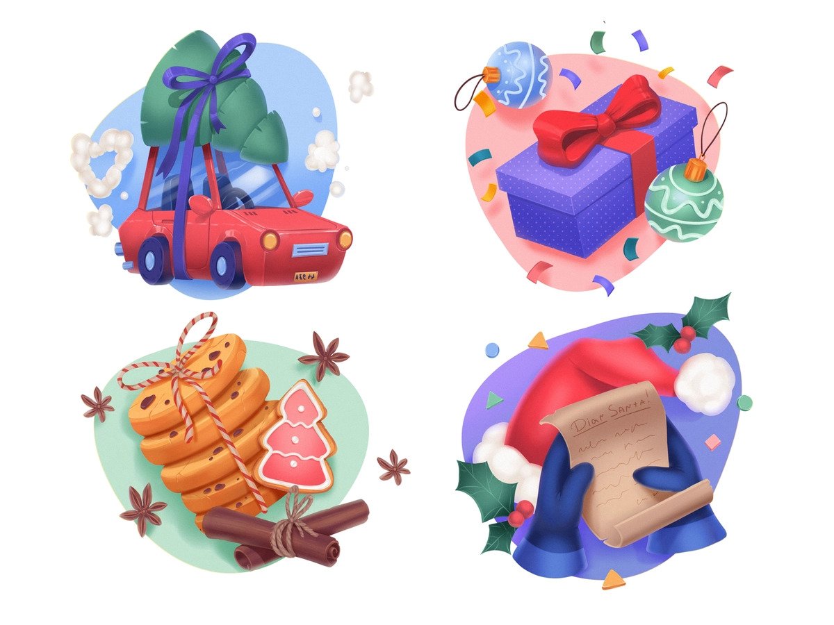 Christmas Tree on Car, Christmas Cookies, Gifts Illustrations by Tubik Arts