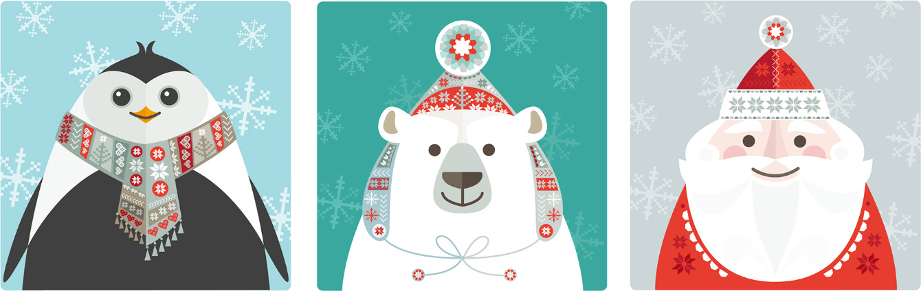 Cute Penguin, White Bear, and Santa Claus Christmas Illustration by Amanda Shufflebotham