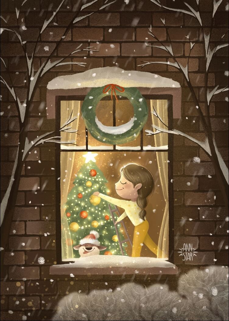 Decorating Christmas Tree Illustration by Anna Starovoitova