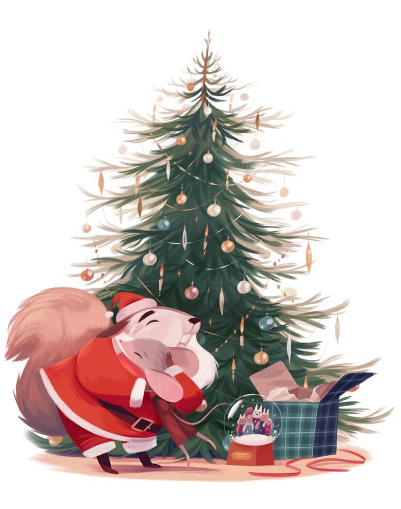 Meeting Santa Beautiful Christmas Mouse Illustration by Diana Dementeva
