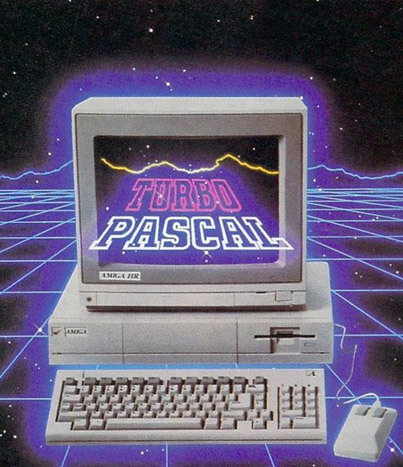 Futuristic graphic design from 80s Turbo Pascal promo