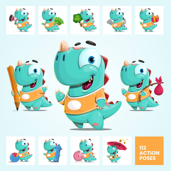 Cute Dinosaur Vector Cartoon Character Set - 112 Poses