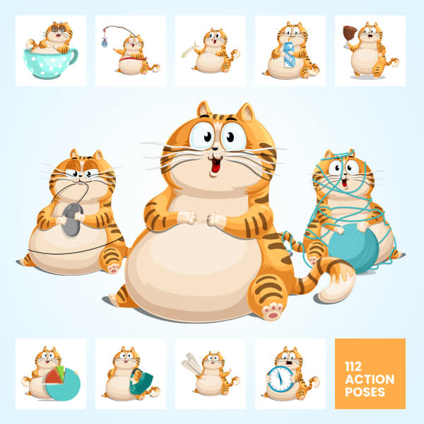 Fat Cat Vector Cartoon Character Set - 112 Poses