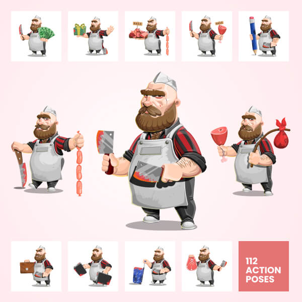 Grumpy Butcher Vector Cartoon Character Set - 112 Poses