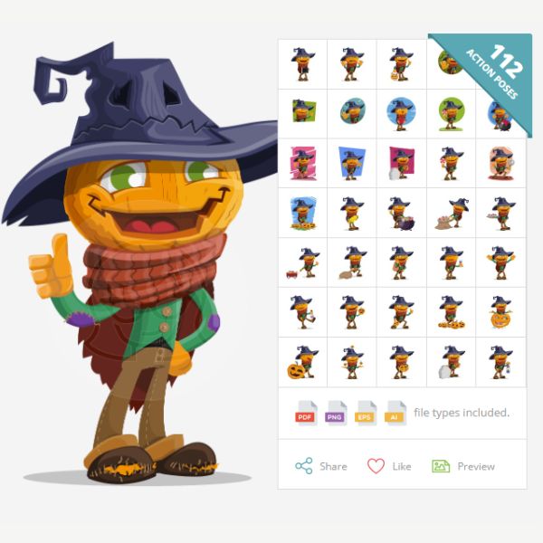 Pumpkin Scarecrow Halloween Character Vector Set -112 poses