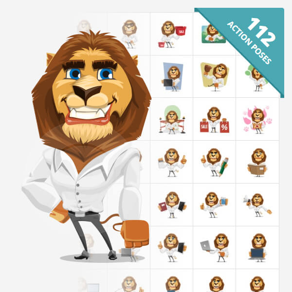 Download a business lion vector cartoon character in 112 premade poses - fully editable.
