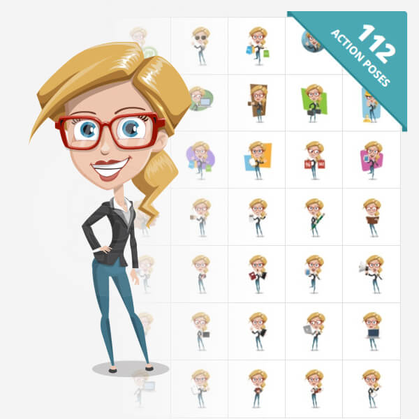 A charming female vector cartoon character with glasses. Prepared in 112 editable poses.