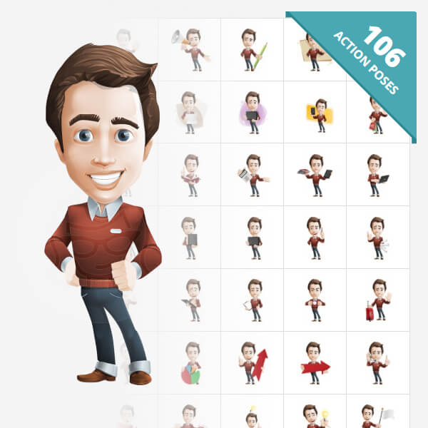 Download a businessman vector cartoon character in 106 poses - fully editable.