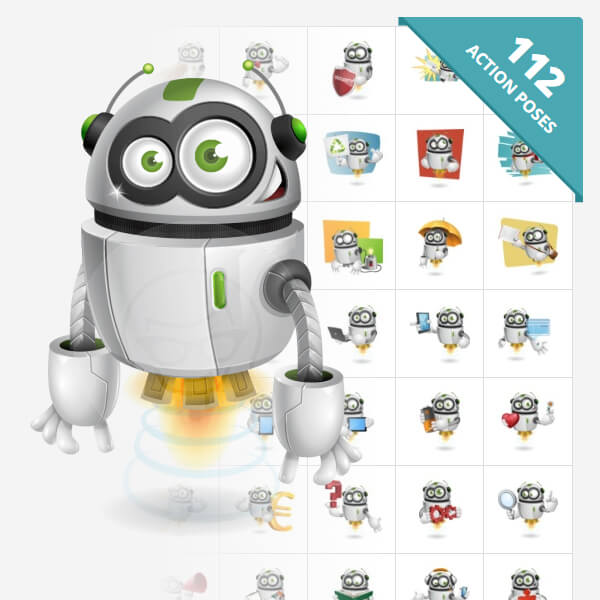 Download a cute vector robot cartoon character in 112 editable poses.