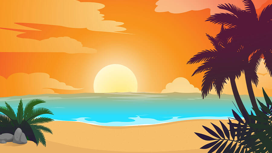 Beach ocean sunset background cartoon illustration