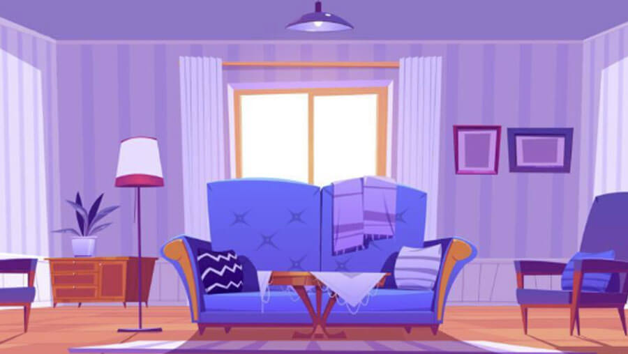 Blue purple living room cartoon background