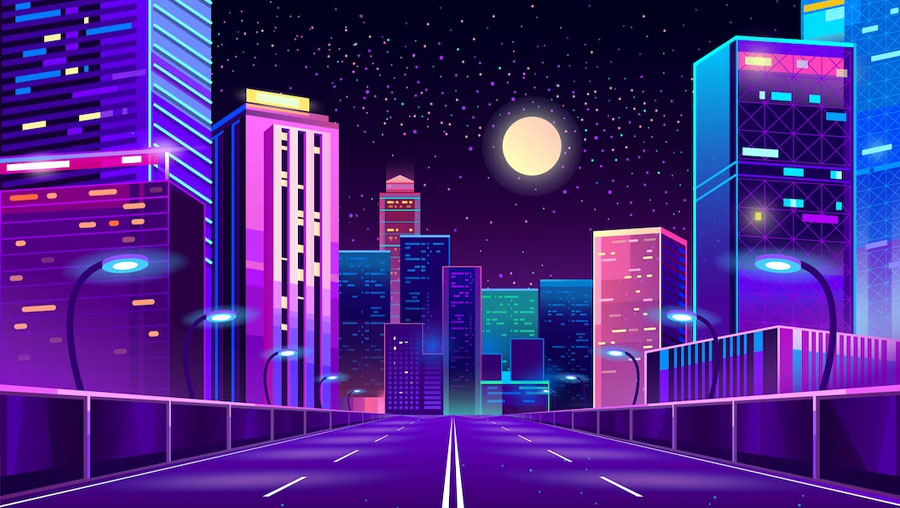 Cartoon background with night city neon lights