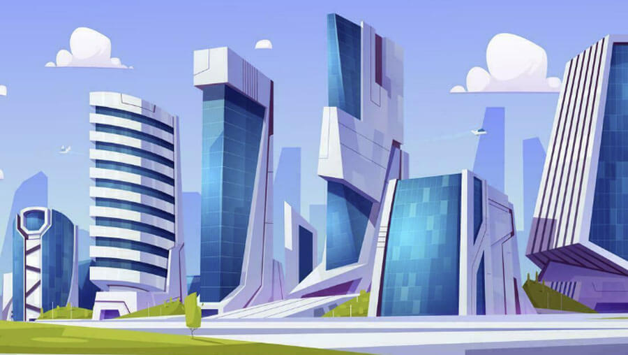 Cartoon futuristic city background illustration