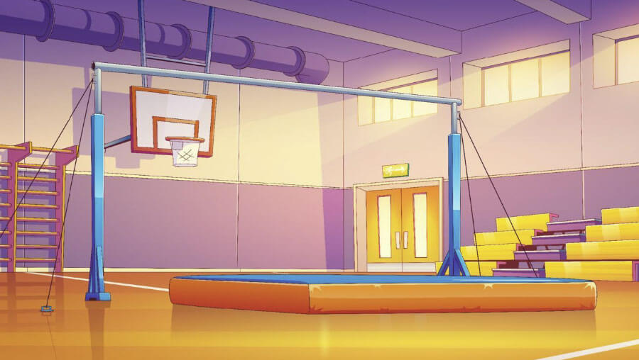 Cartoon school gym court interior with sports equipment