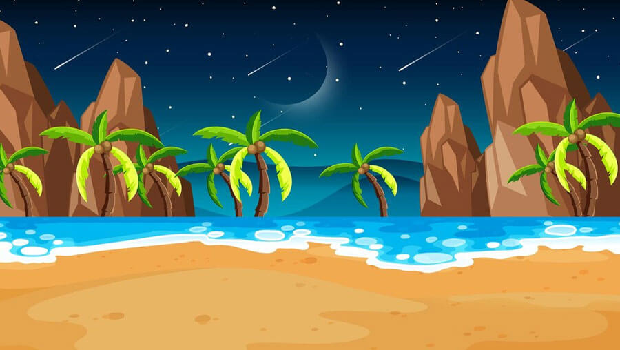 Cartoon tropical beach background at night