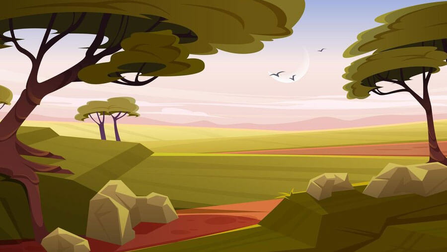 Exotic savannah with acacia trees background illustration