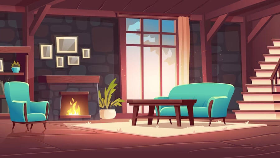 Mountain cabin room with fireplace cartoon background
