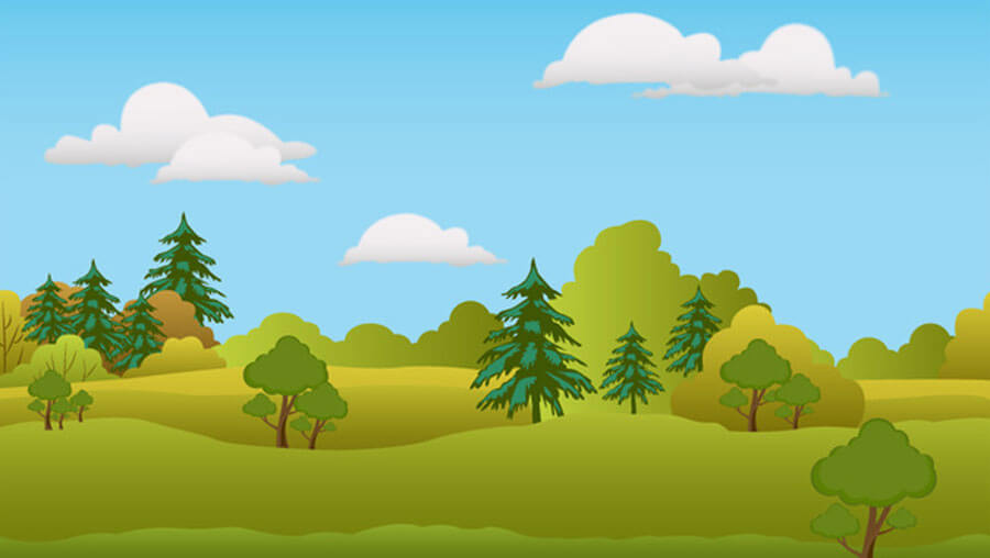 Spring cartoon background with hills and trees