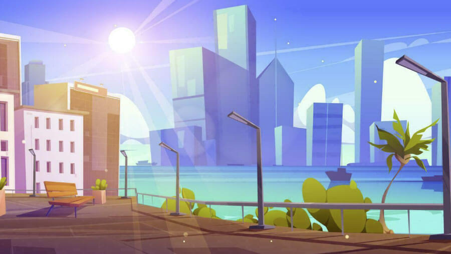 Tropical urban area cartoon background