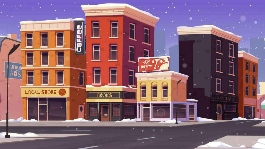 Free winter city with snow on street background cartoon style