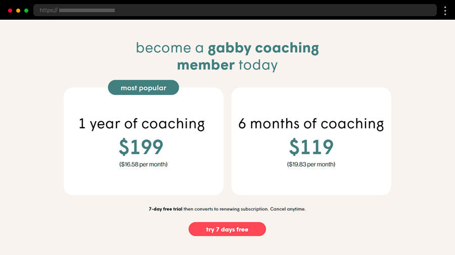 Gabby coaching website pricing example