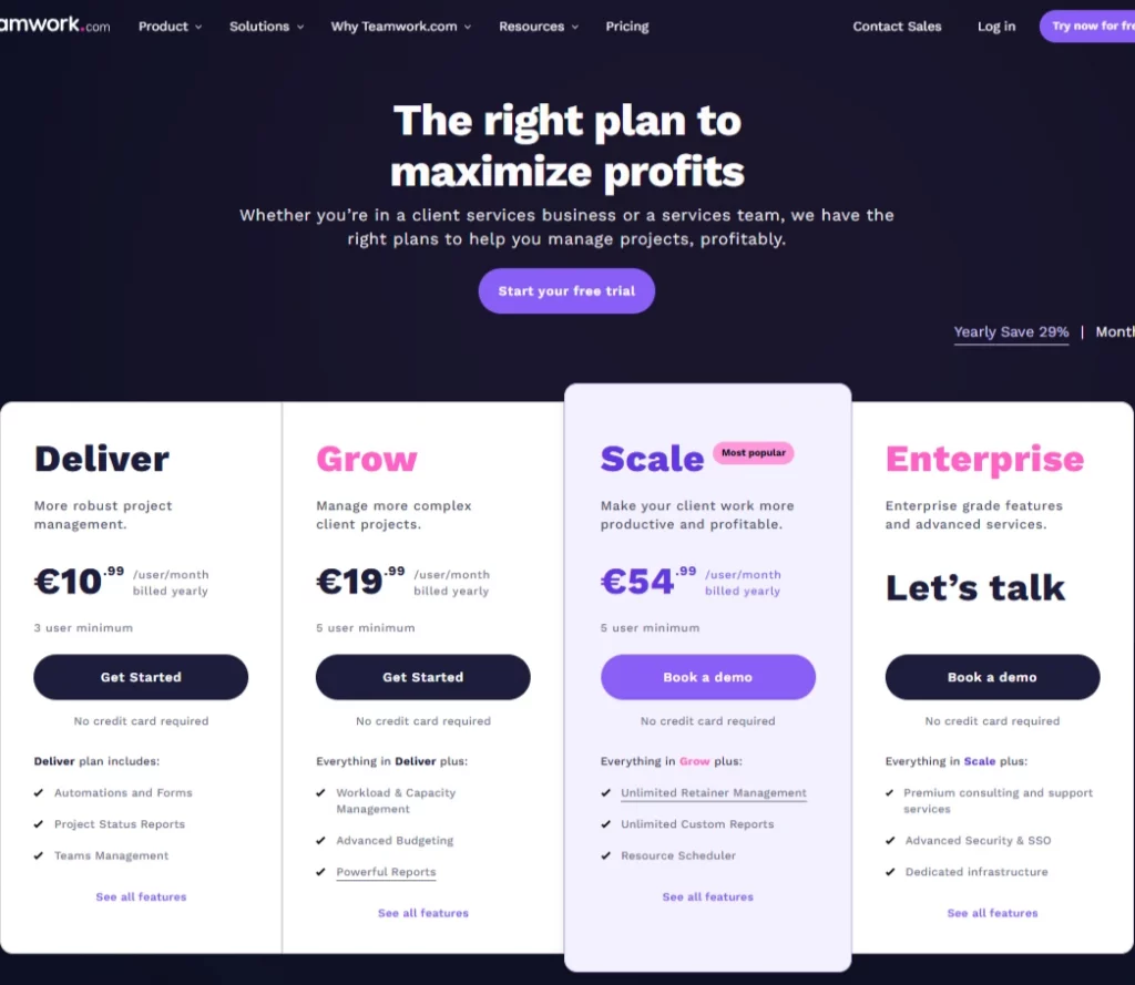 Teamwork online collaboration tool pricing